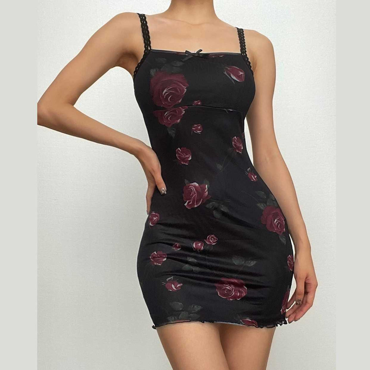 Square neck mesh ruffle flower print contrast mini dress