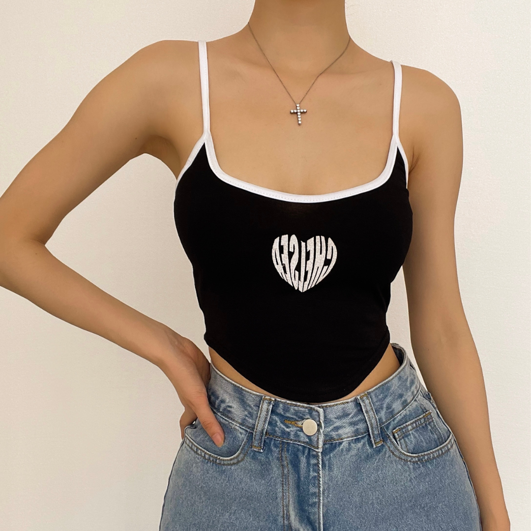 Tief ausgeschnittenes, kontrastfarbenes Cami-Crop-Top mit Print