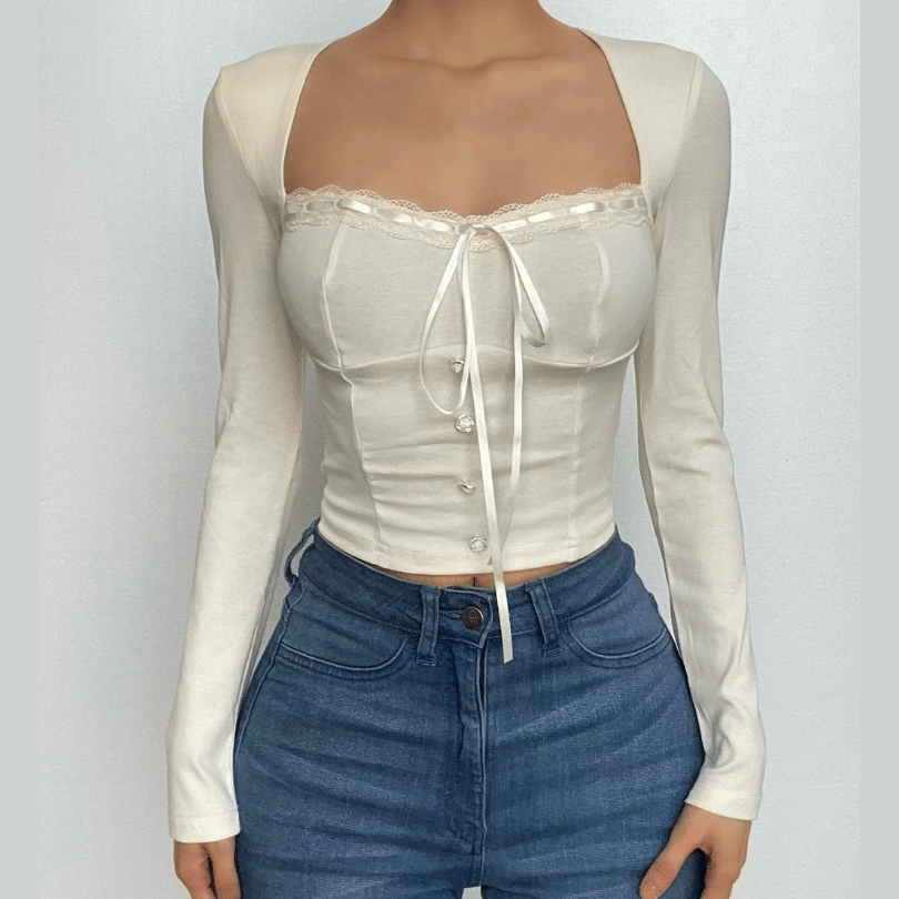 Blusa de manga larga lisa con botones y dobladillo de encaje con cuello cuadrado 