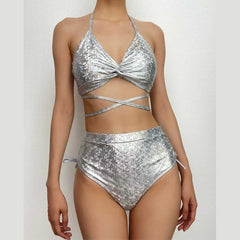 Rückenfreier Bikini mit Neckholder und Kordelzug in Metallic-Optik