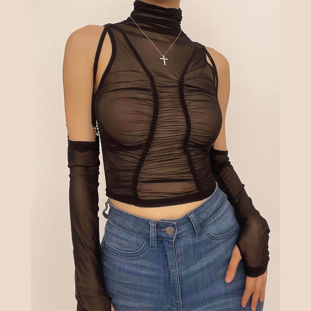 Ruched sheer mesh solid see through gloves button crop top