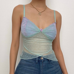 Hem lace mesh see through contrast cami top