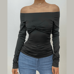 Mesh solid off shoulder ruched long sleeve top