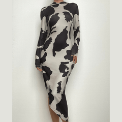 Cow print long sleeve contrast hoodie irregular midi dress