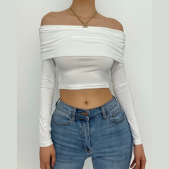 Ruched off shoulder long sleeve backless solid crop top