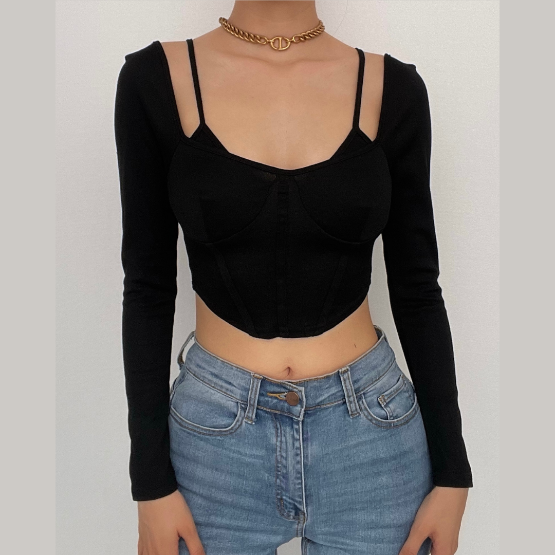 Top corto tipo bustier con lazo, sin espalda y mangas largas, liso 