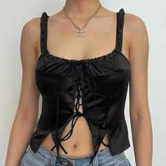 Drawstring ruched solid lace up square neck crop top