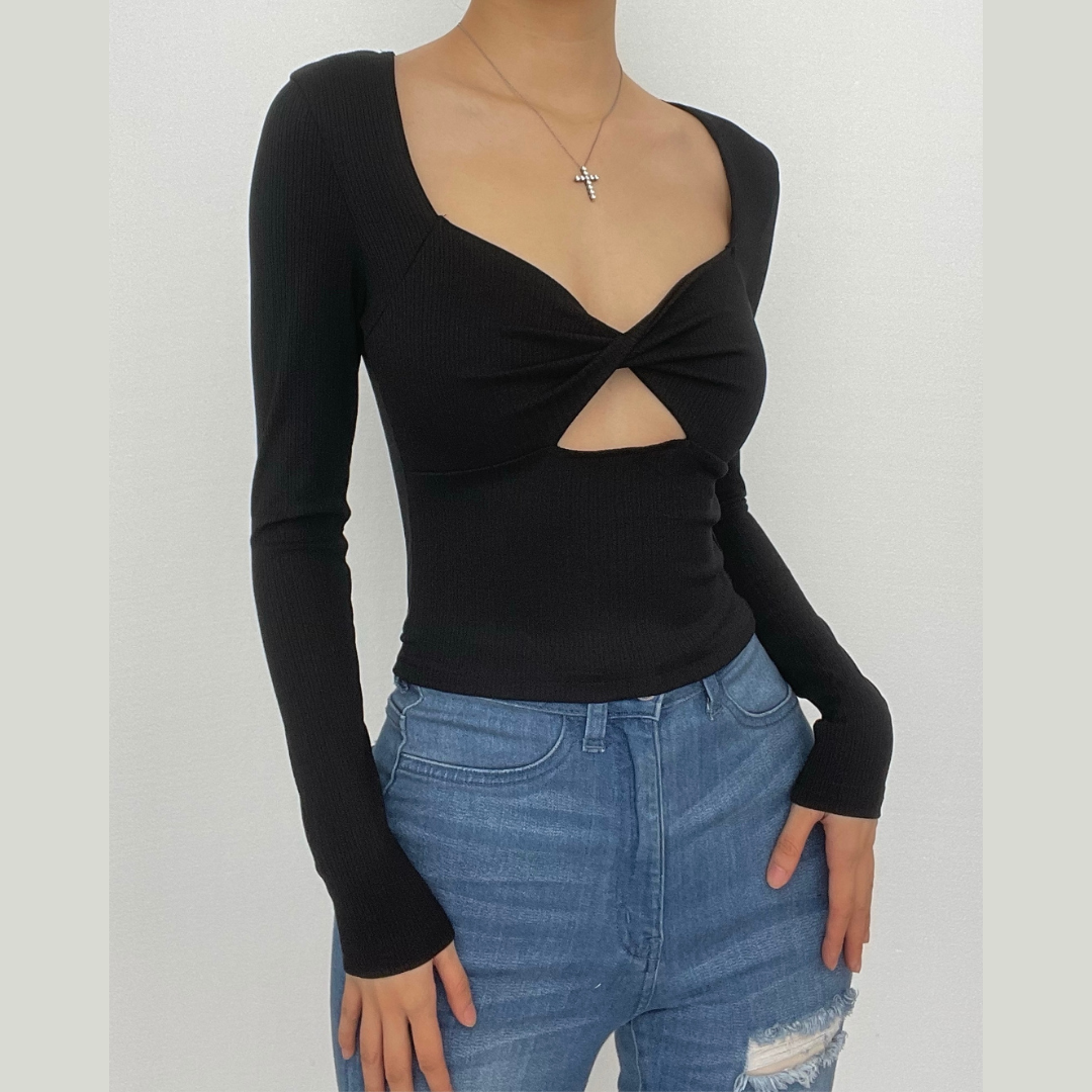 Long sleeve solid hollow out ribbed knotted top