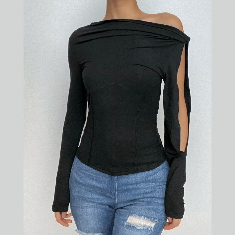 Solid long sleeve off shoulder irregular knotted hollow out top