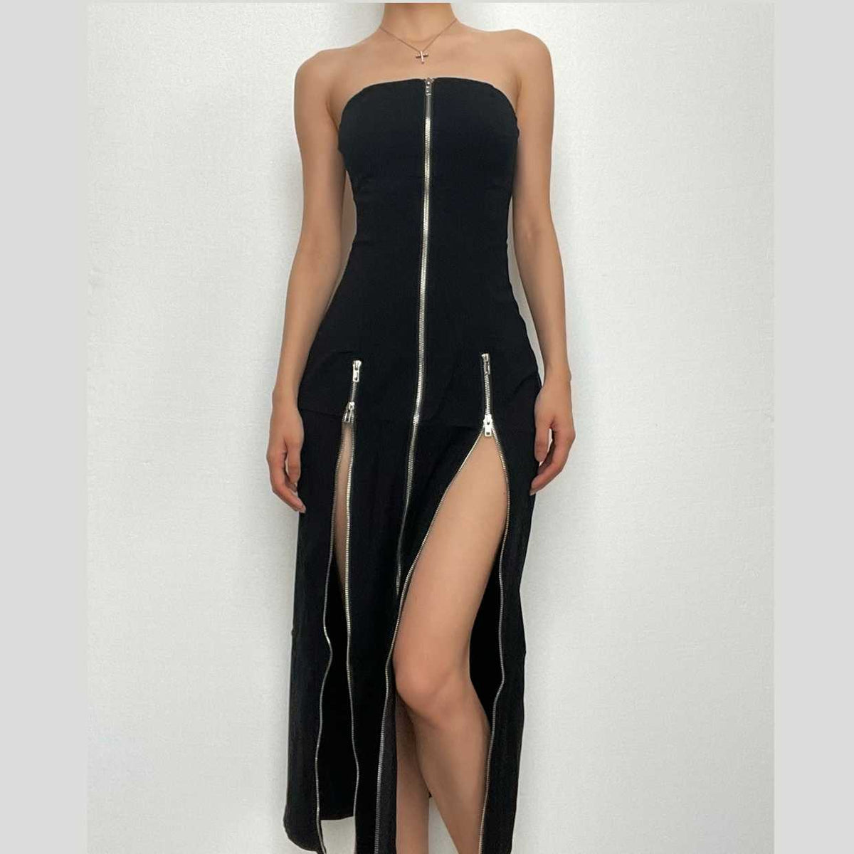 Zip-up slit backless solid tube midi dress