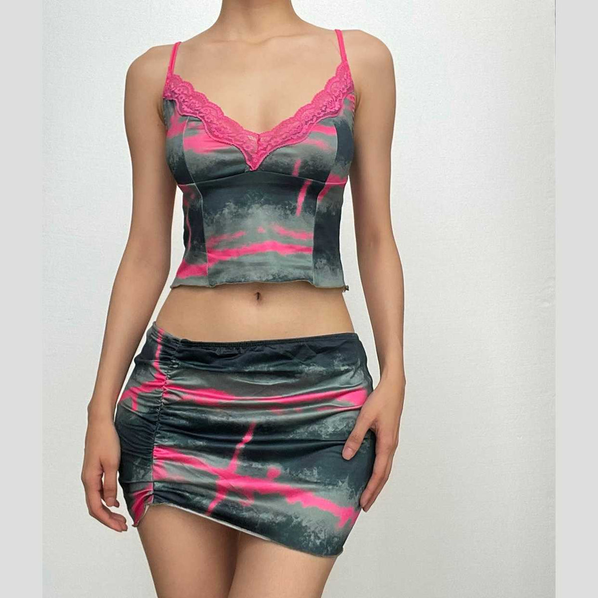 Tie dye v neck lace hem ruched cami mini skirt set - Final Sale