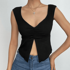 Ruched cap sleeve slit solid v neck crop top