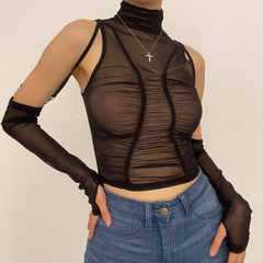 Ruched sheer mesh solid see through gloves button crop top