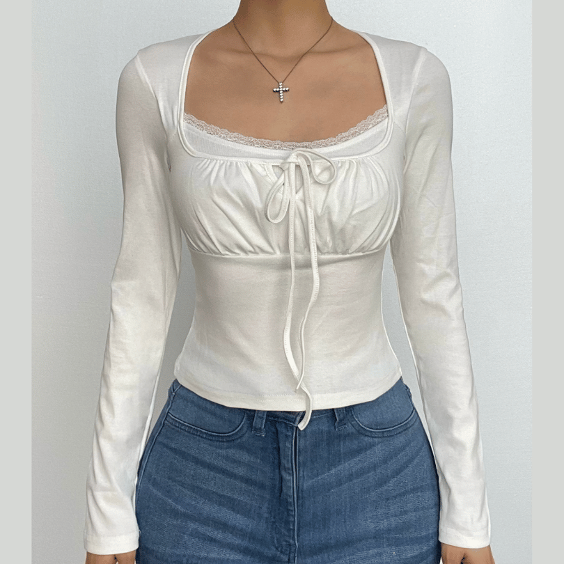 Lace hem square neck ruched long sleeve solid self tie top