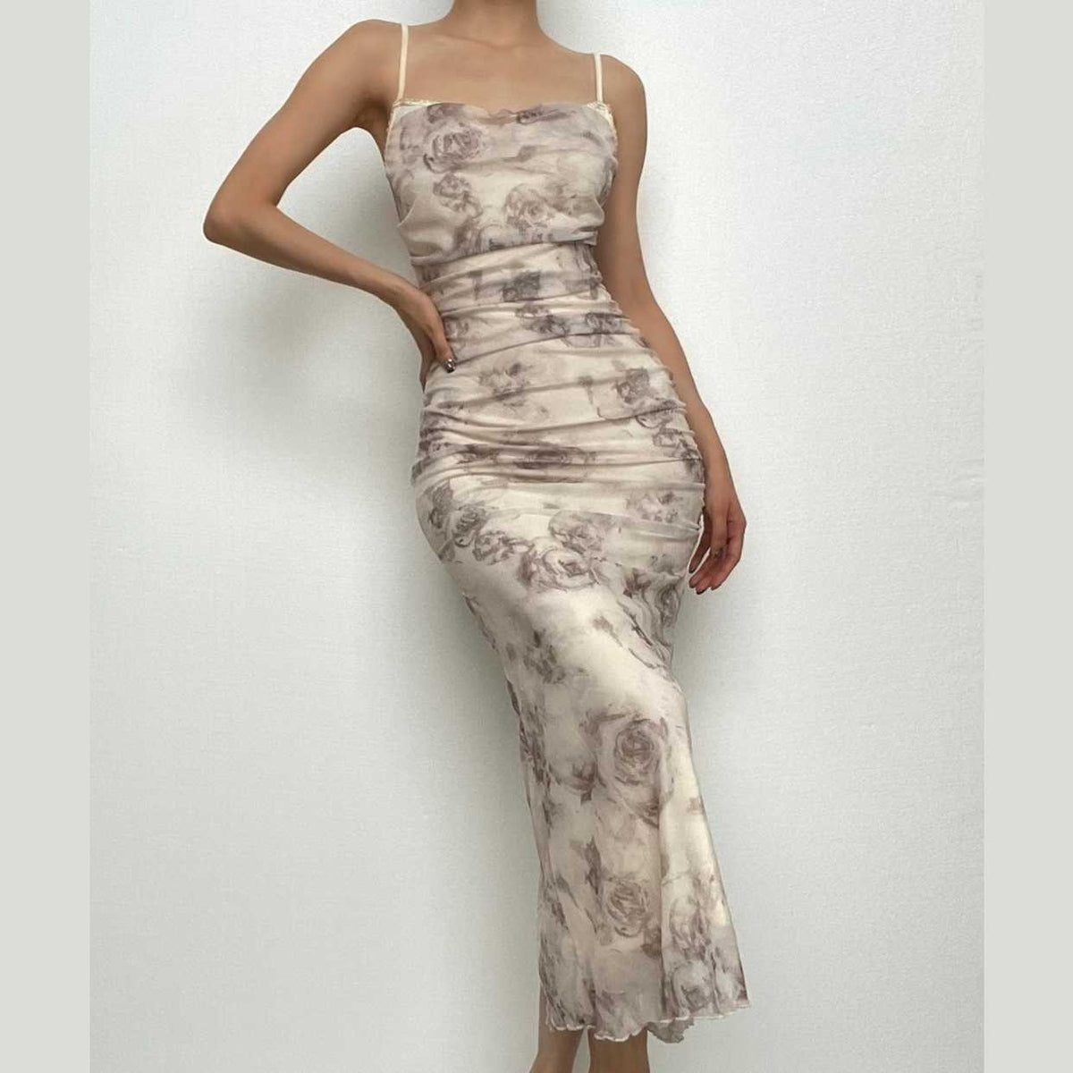 Cowl neck ruched mesh slit flower print cami midi dress