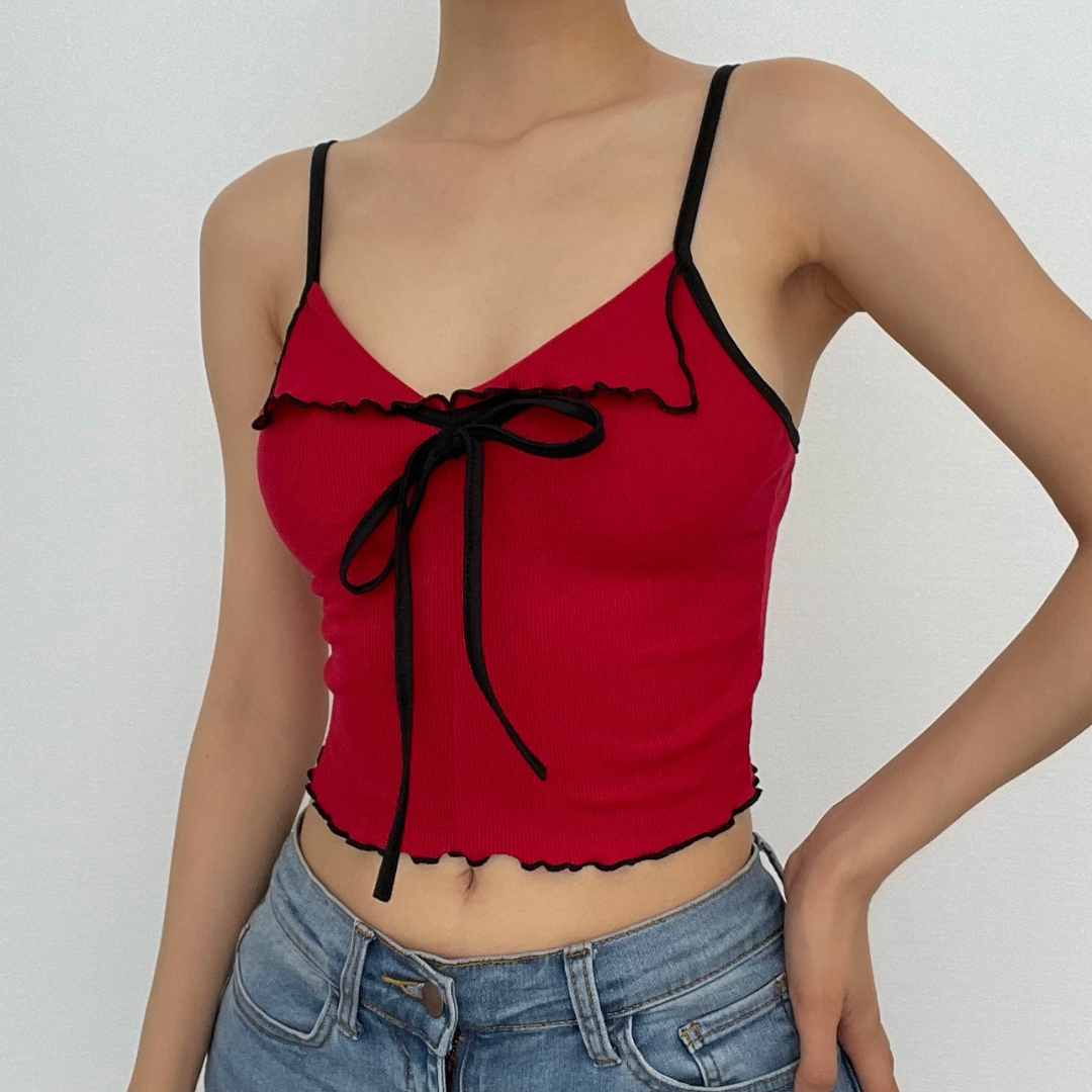 Geripptes, kontrastierendes, rückenfreies Camisole-Oberteil mit Rüschen