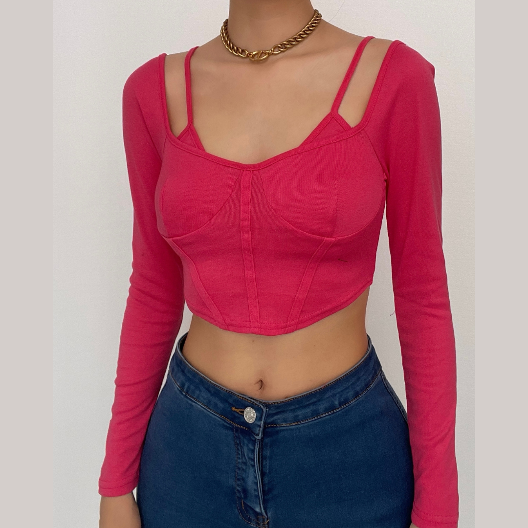 Top corto tipo bustier con lazo, sin espalda y mangas largas, liso 