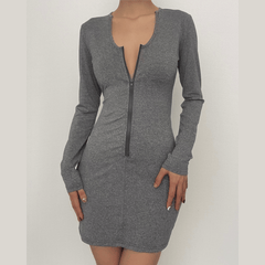 V neck low cut zip-up long sleeve solid mini dress - Final Sale