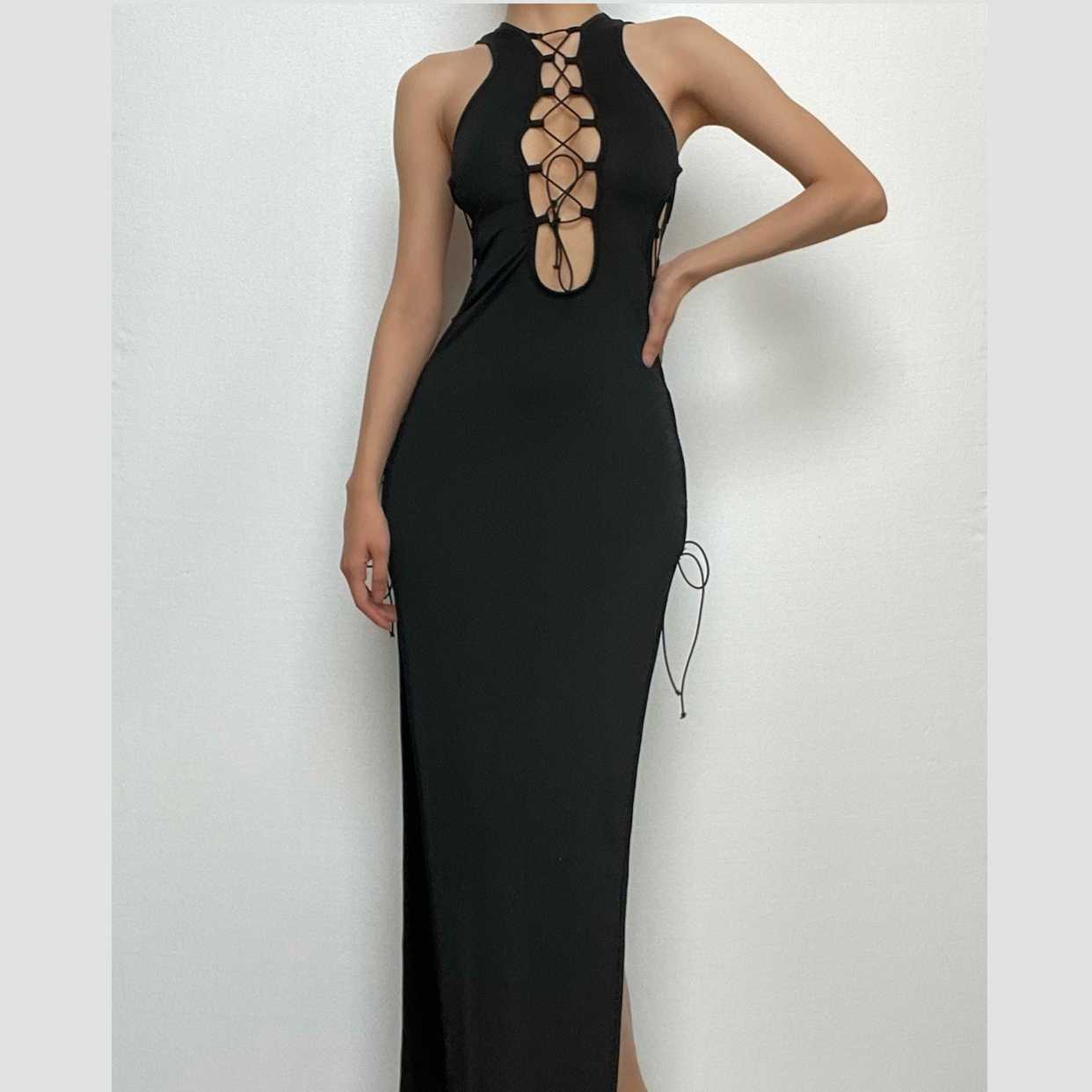 Hollow out sleeveless lace up slit solid maxi dress