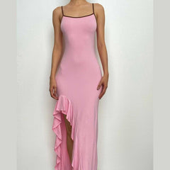 Irregular ruffle backless solid u neck cami maxi dress