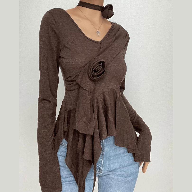 Rose applique solid halter long sleeve ruffle 2-way top