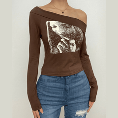 Irregular long sleeve abstract off shoulder contrast top