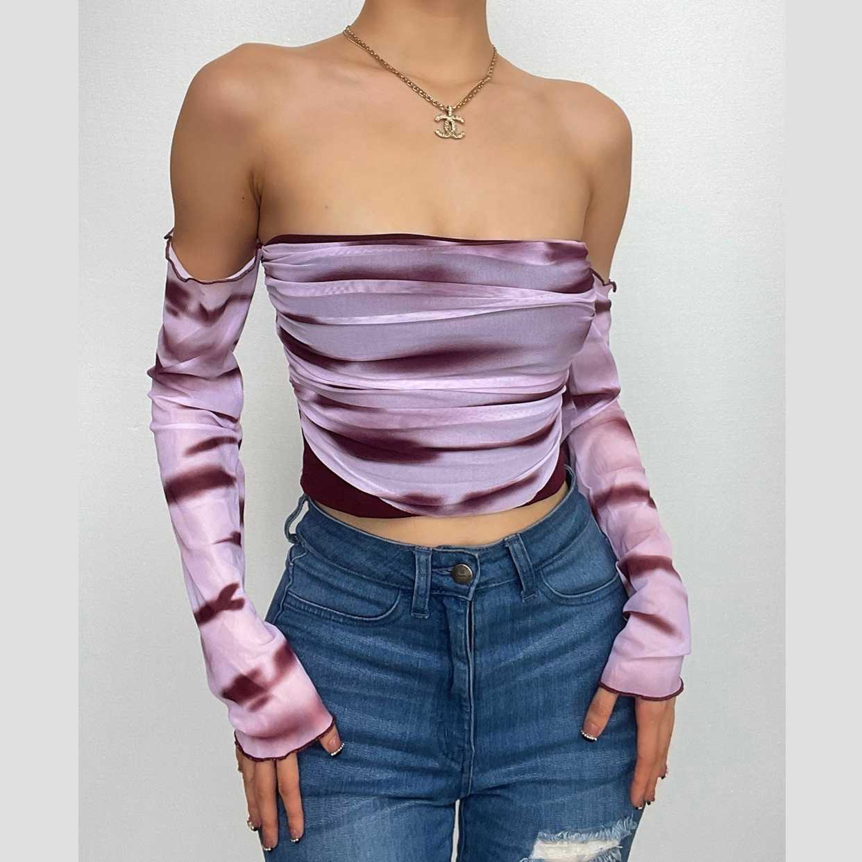 Long sleeve off shoulder ruffle mesh tie dye ruched top