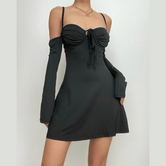 Lace up solid cross back off shoulder long sleeve mini dress