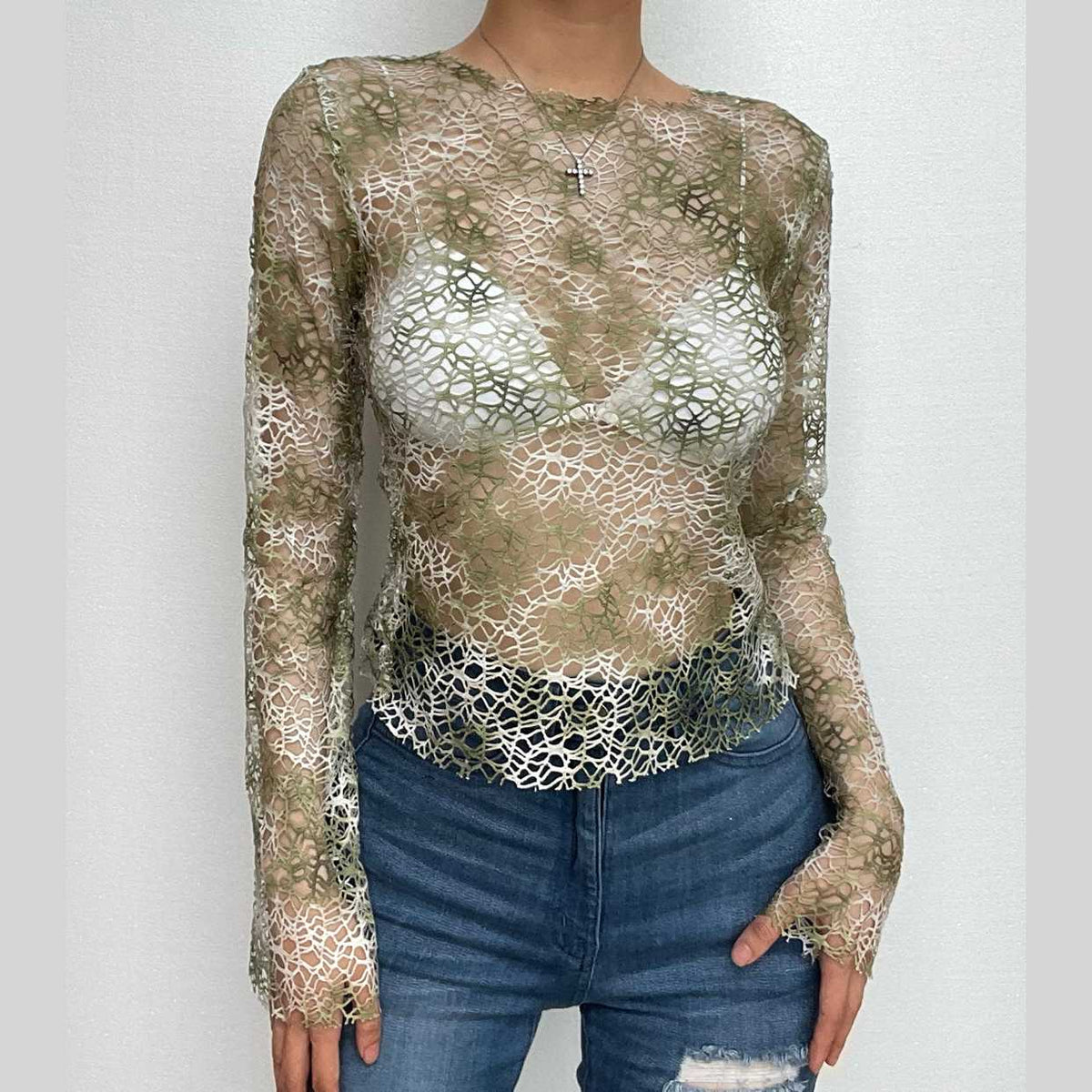 Tie dye see through fishnet hollow out long sleeve top