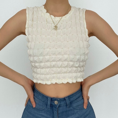 Ärmelloses, einfarbiges Crop-Top mit Rundhalsausschnitt und Waffelmuster 