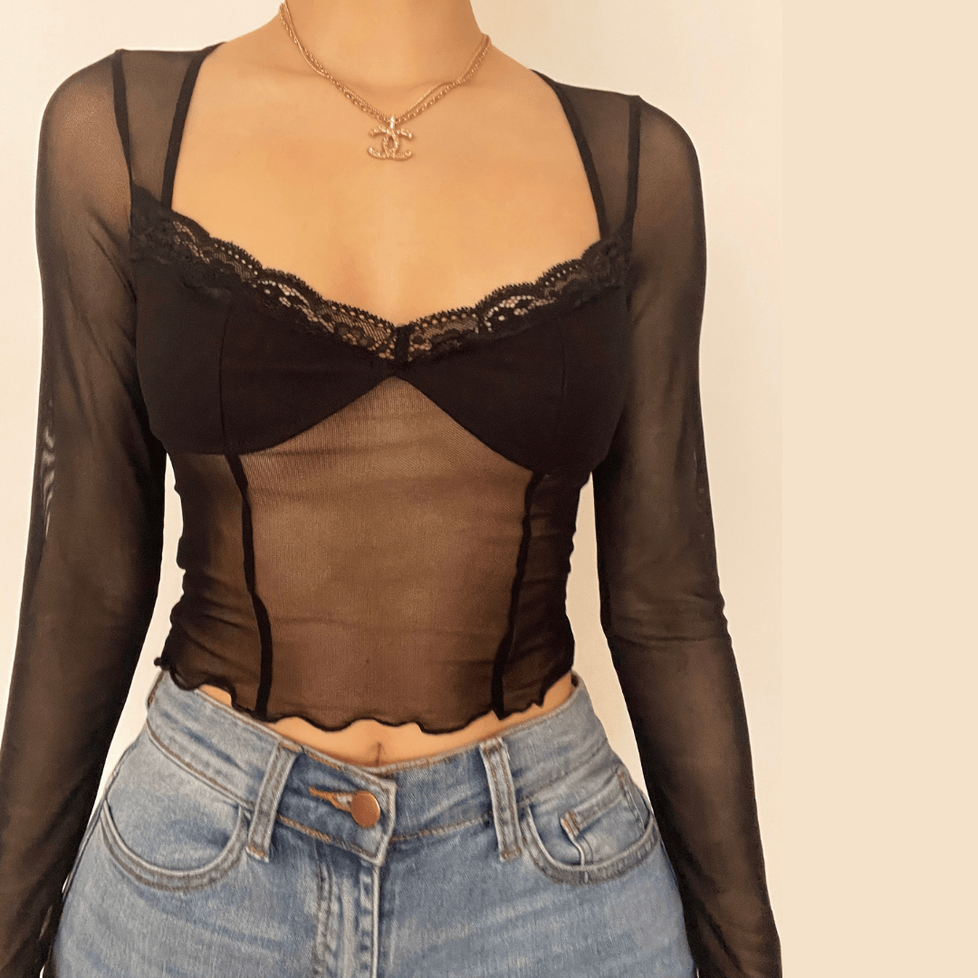 Hem lace ruffled long sleeve mesh crop top