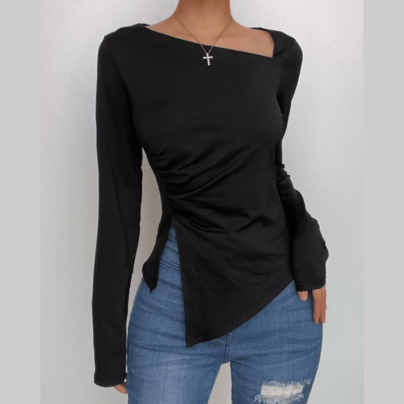 Slit long sleeve solid irregular ruched top