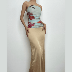 Ruched flower print zip-up square neck contrast slit maxi dress