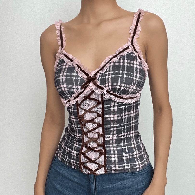 Striped lace hem v neck lace up contrast cami top