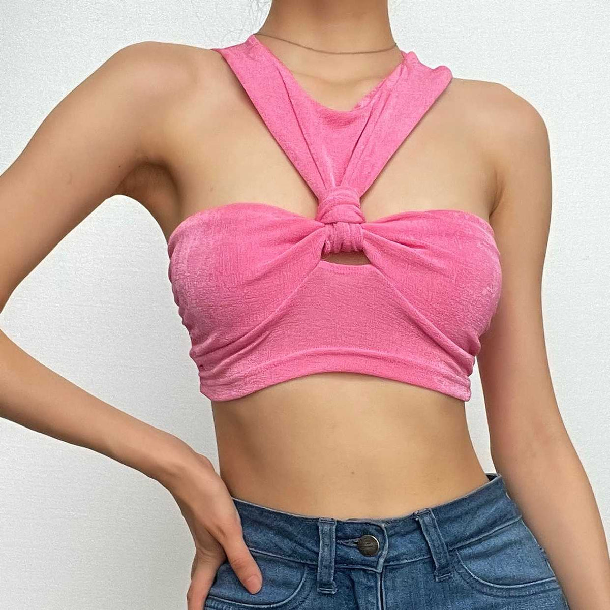 Hollow out knotted ruched textured solid crop top