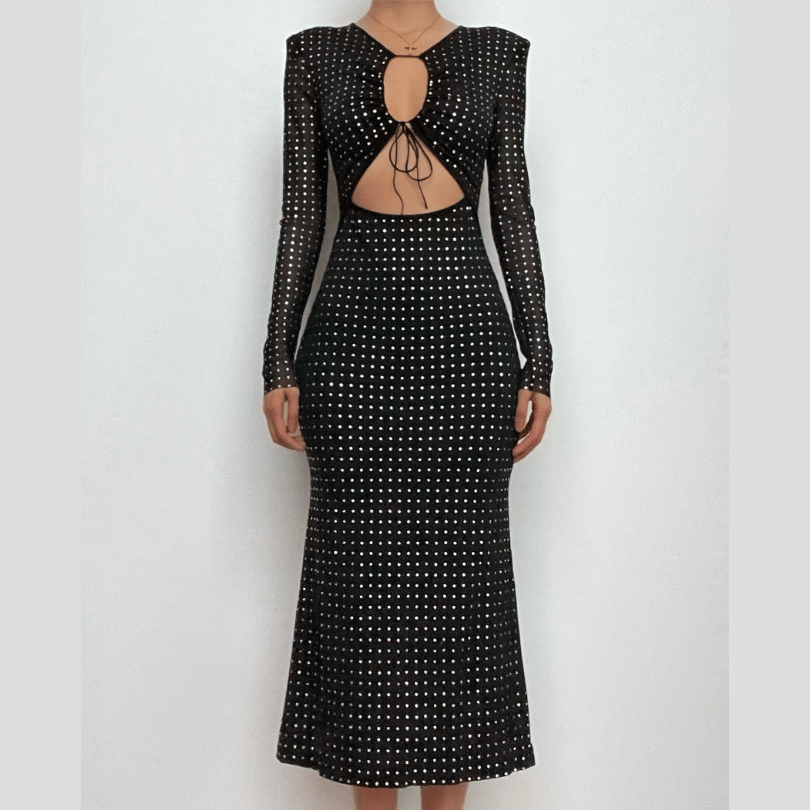 Polka dot contrast hollow out long sleeve mesh midi dress