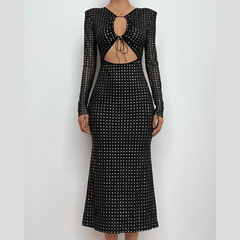 Polka dot contrast hollow out long sleeve mesh midi dress