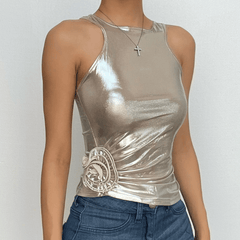 Ärmelloses, gerüschtes Crop-Top aus Metallic mit Blumenapplikation 