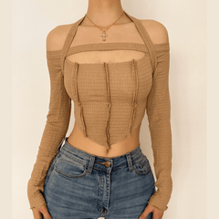 Hollow out front ruffled solid halter crop top