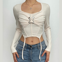 Patchwork butterfly buckle long sleeve solid square neck crop top