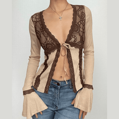 Lace contrast self tie long flared sleeve v neck top