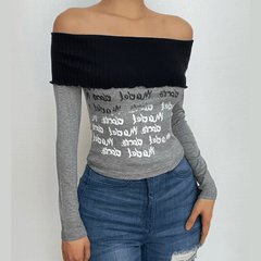 Knitted patchwork letter print long sleeve contrast off shoulder top