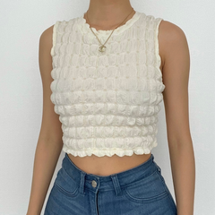 Ärmelloses, einfarbiges Crop-Top mit Rundhalsausschnitt und Waffelmuster 