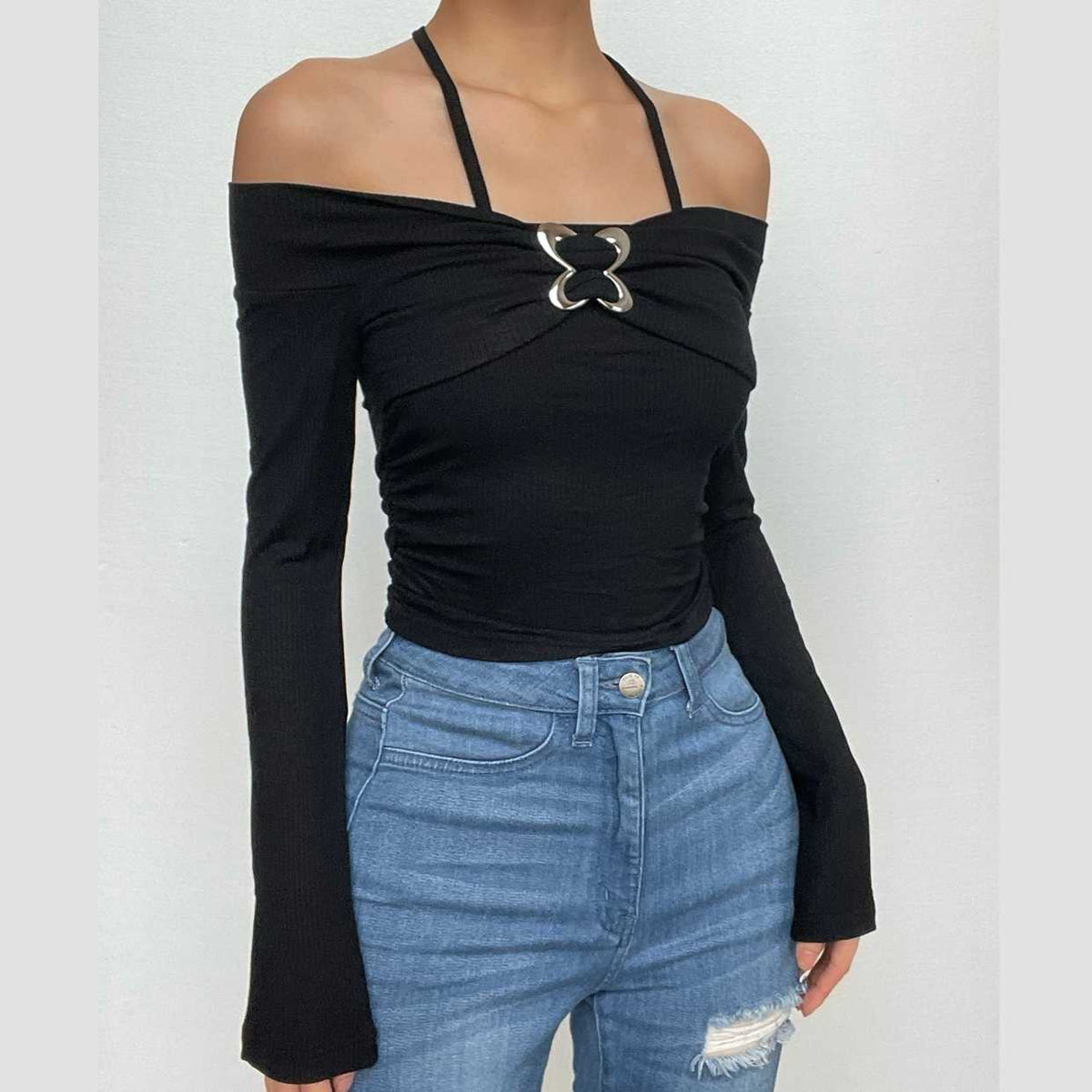 Off shoulder halter buckle long sleeve solid crop top