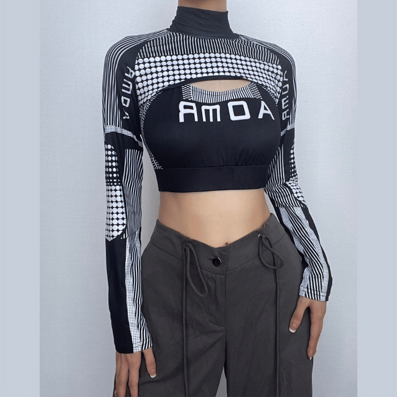 High neck long sleeve contrast 2 piece crop top - Final Sale