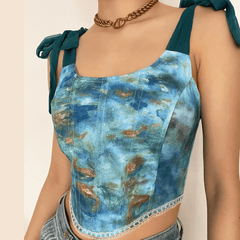 Print lace up back self tie strap bustier crop top