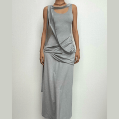 Ruched solid sleeveless u neck irregular midi dress