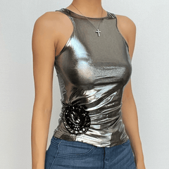 Ärmelloses, gerüschtes Crop-Top aus Metallic mit Blumenapplikation 