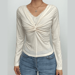 Knotted solid ruched long sleeve lace hem top