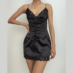 Lace hem solid v neck lace up corset sleeveless mini dress